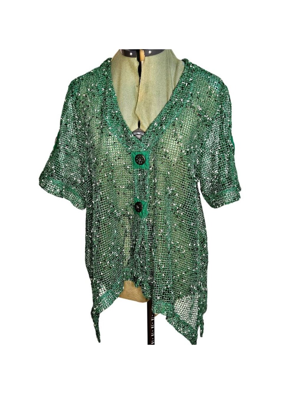 Woman's Blair forest green whimsical open knit Lagenlook boho button up cardigan